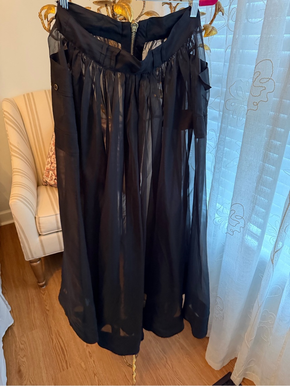 Anthropologie Black Sheer A-Line Maxi Skirt with Gold Zip - Picture 2 of 8